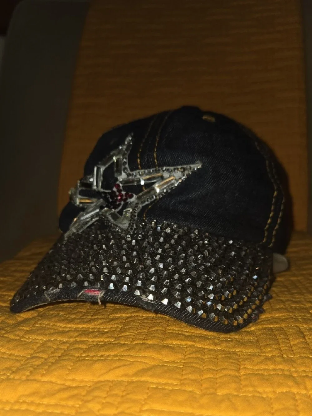 Embellished Blue Denim Texas Lone Star Cap with Studded Brim